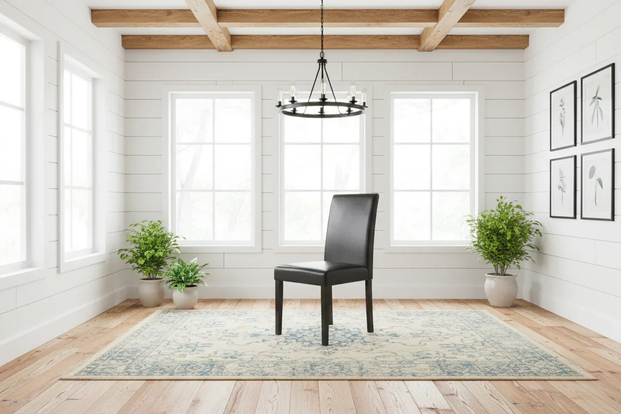 Dining room with a black PU Leather chair on a patterned rug, large windows, and wooden beams.