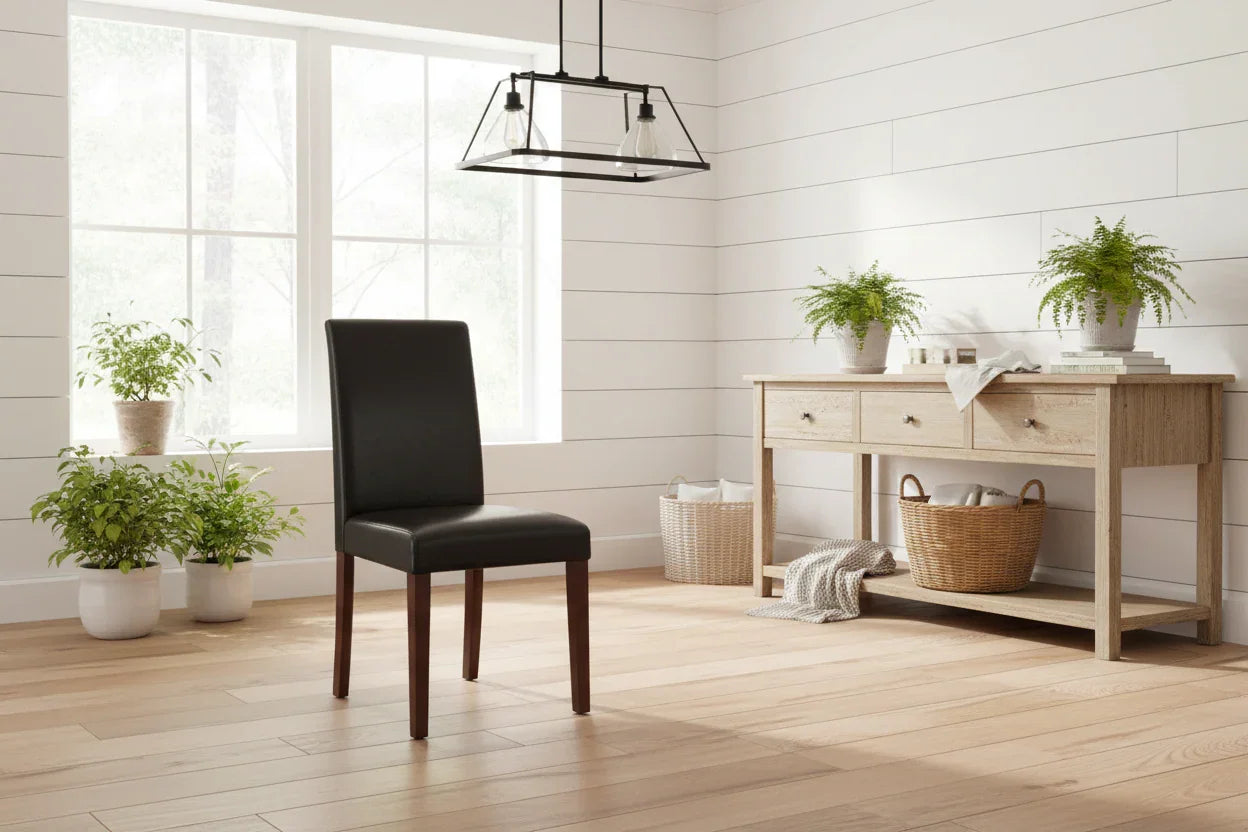 Modern interior with a brown leather chair with brown legs, a wooden table, and potted plants in a room with white walls and wooden flooring.