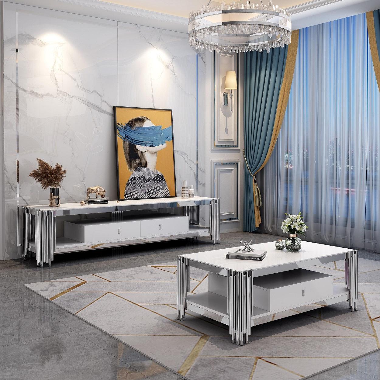 White rectangular coffee table with a glossy finish, chromed structure, white tempered glass top, and one storage drawer. - The A2Z Furniture