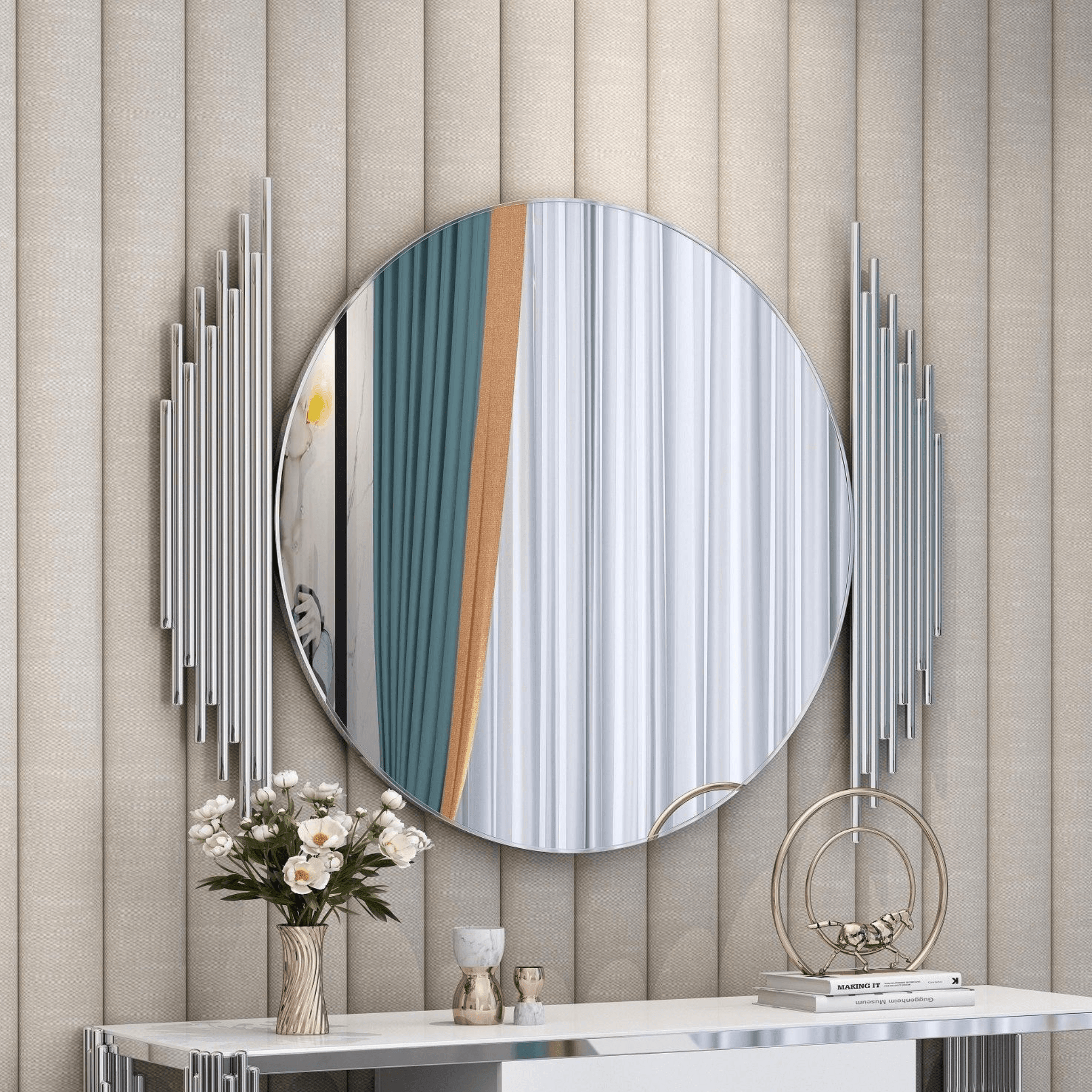 Douglas Wall Mirror. Round mirror with a silver frame, hanging on a wall. Modern home decor.