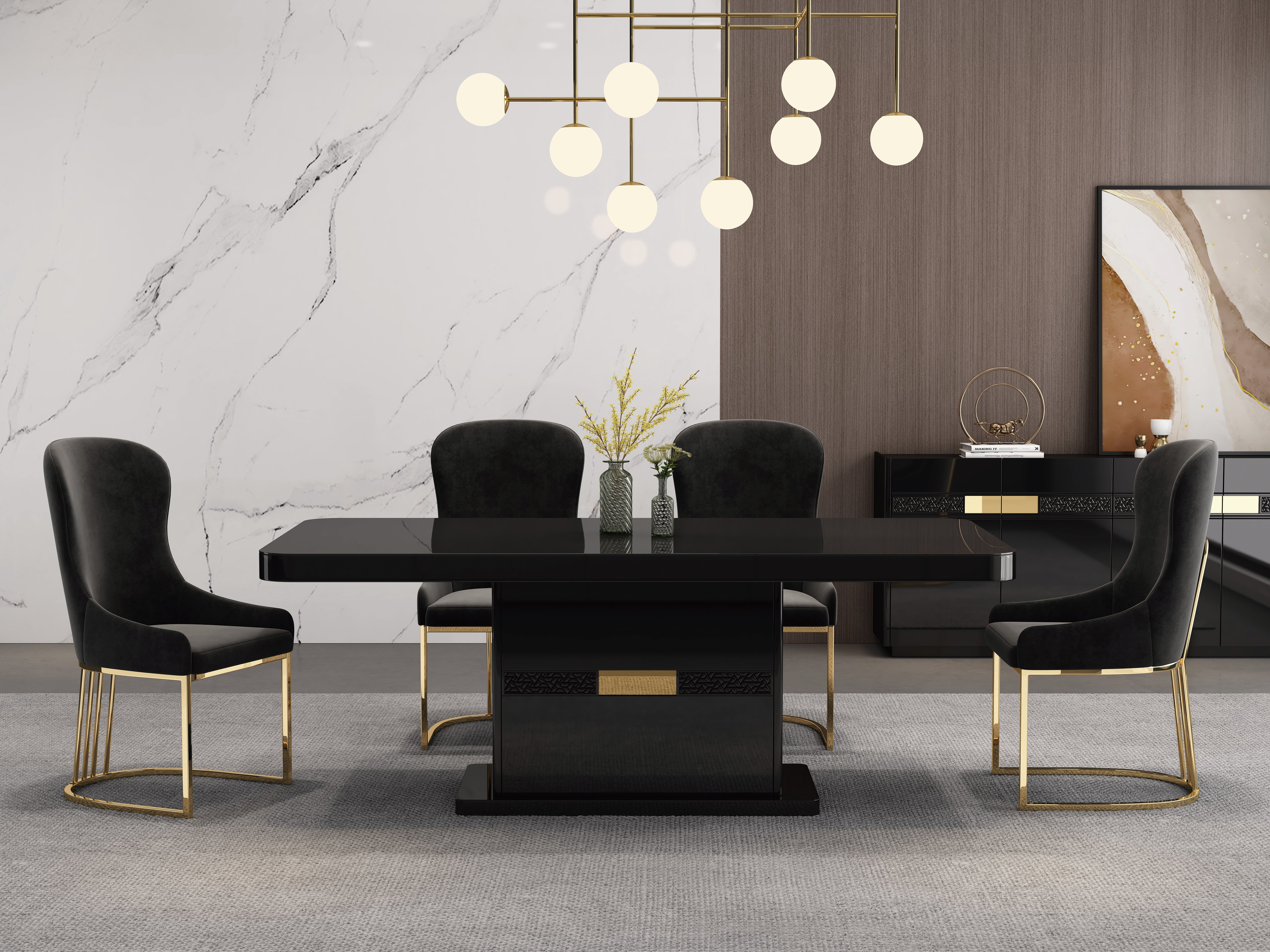 Modern dining room with black table and chairs, marble wall, and abstract art.