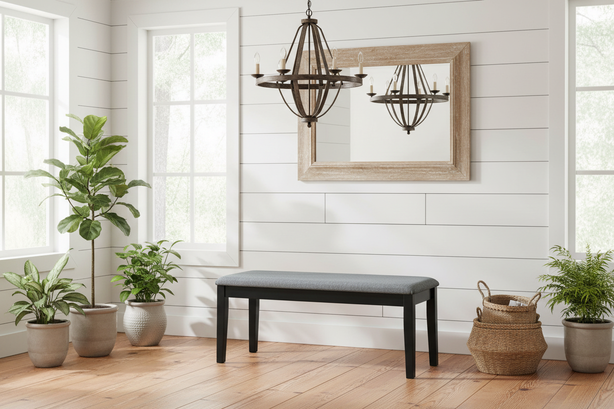 Dining room with a bench, plants, and a mirror on a white wall.