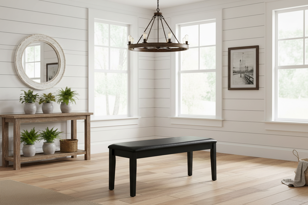 Black bench in a room with wooden floor, white walls, and a mirror.
