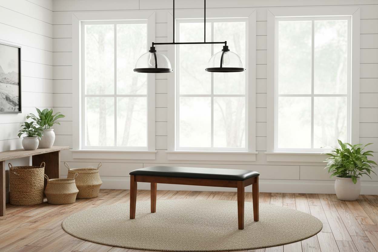Modern interior with wooden bench, round rug, and large windows.