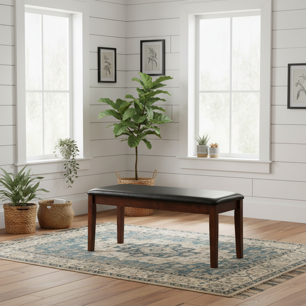 Wooden coffee table in a room with plants and framed pictures on a white wall.