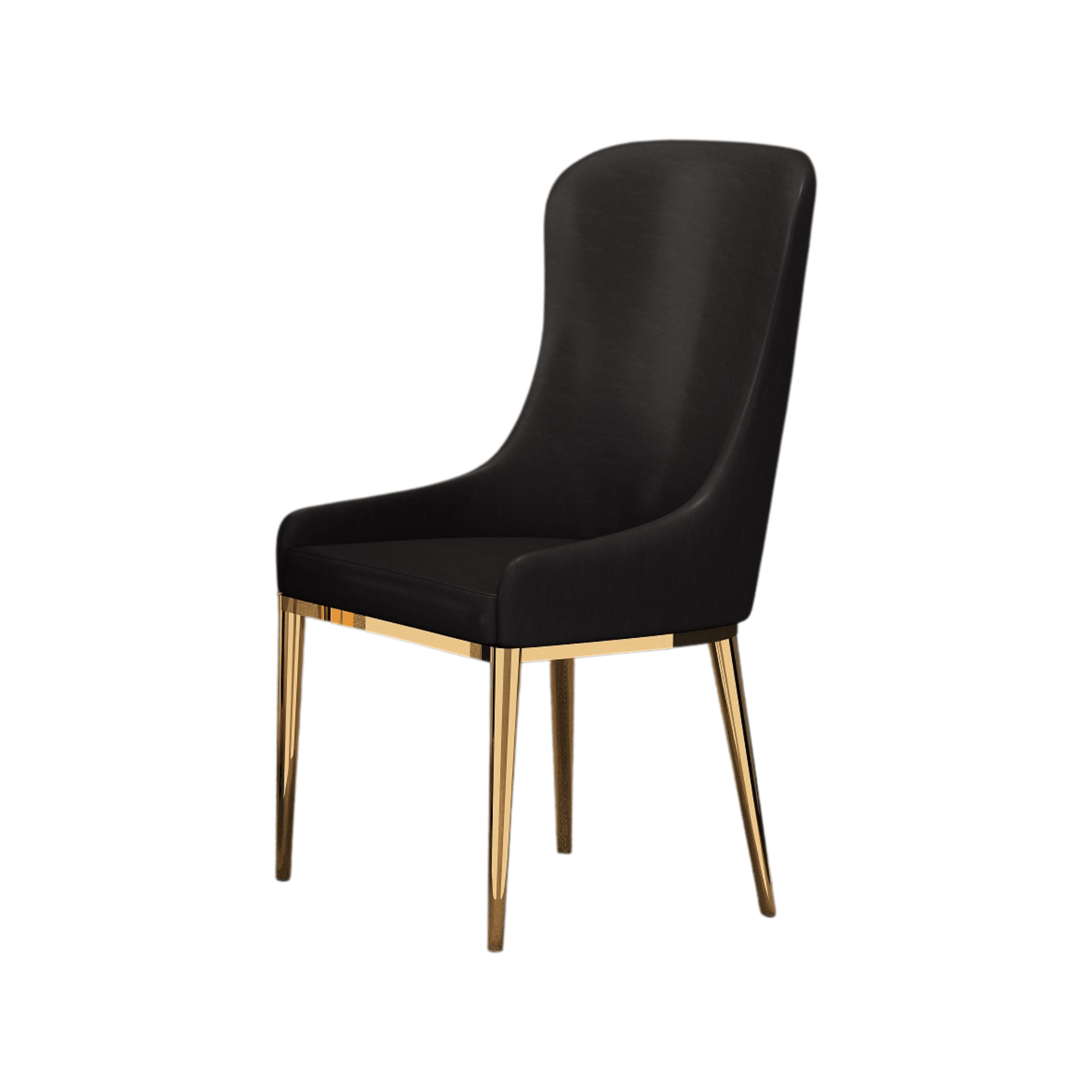 Modern black dining chair with curved backrest and gold metal legs