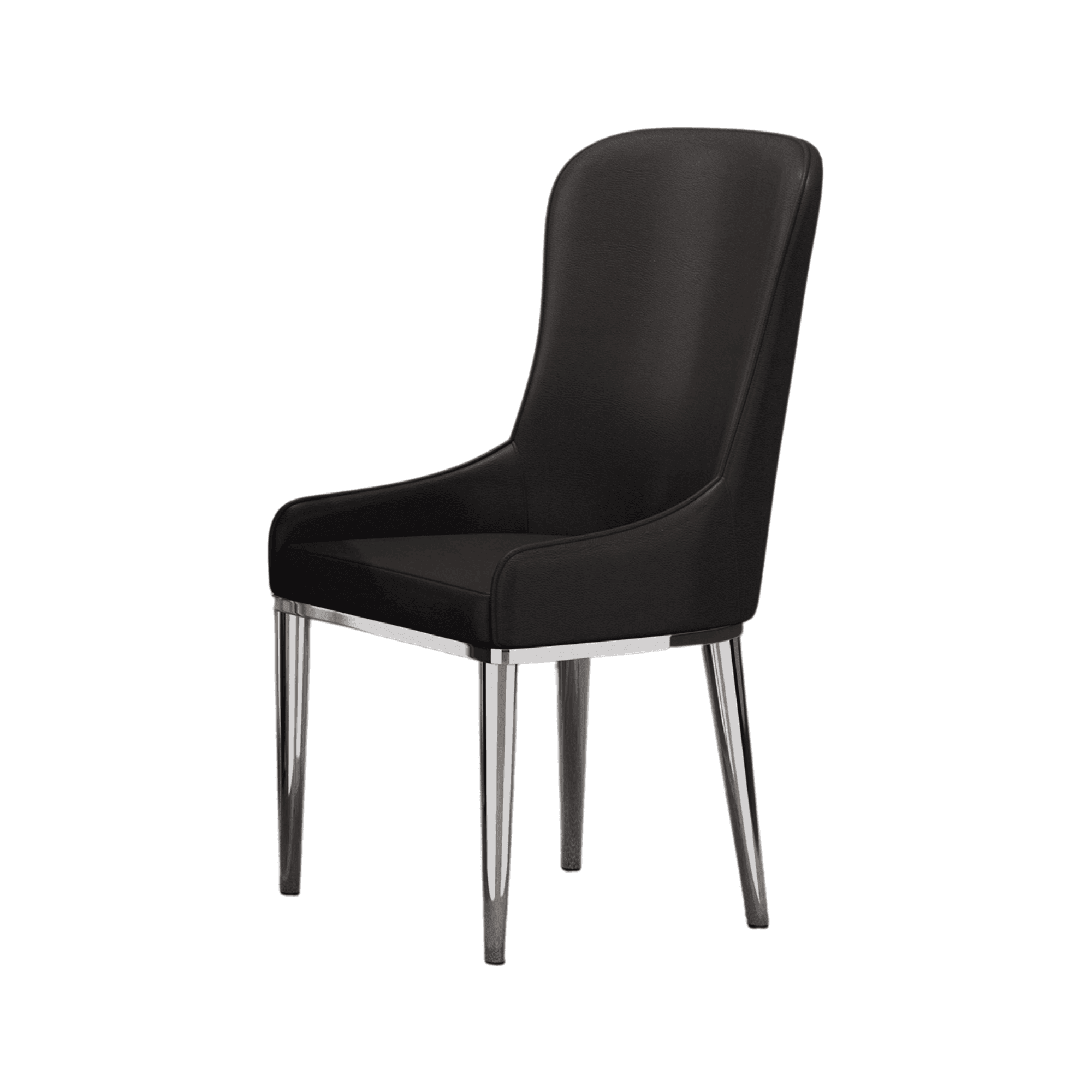 Modern black dining chair with silver metal legs, upholstered seat and curved backrest