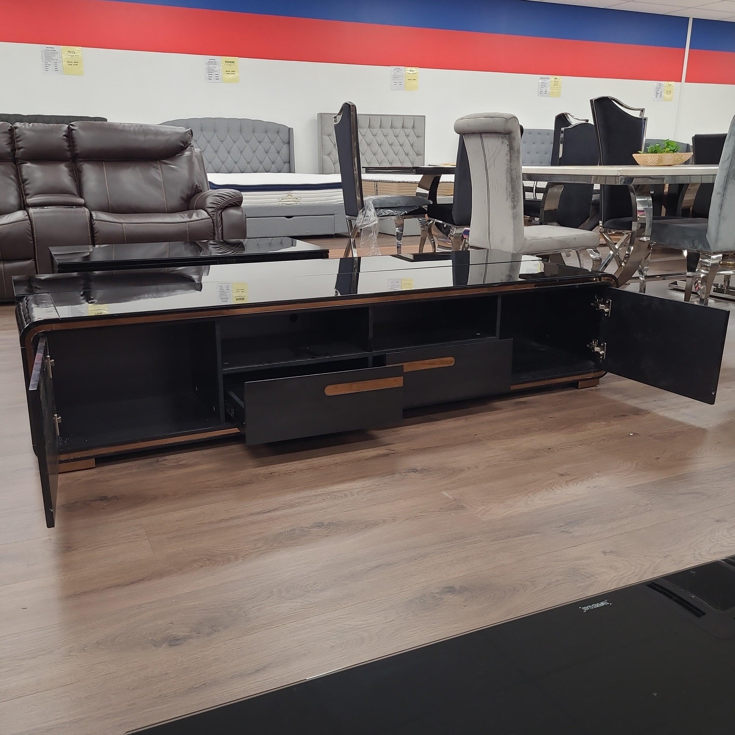 Dwyane TV Unit in Black with Golden Accents and Tempered Glass Top - The A2Z Furniture