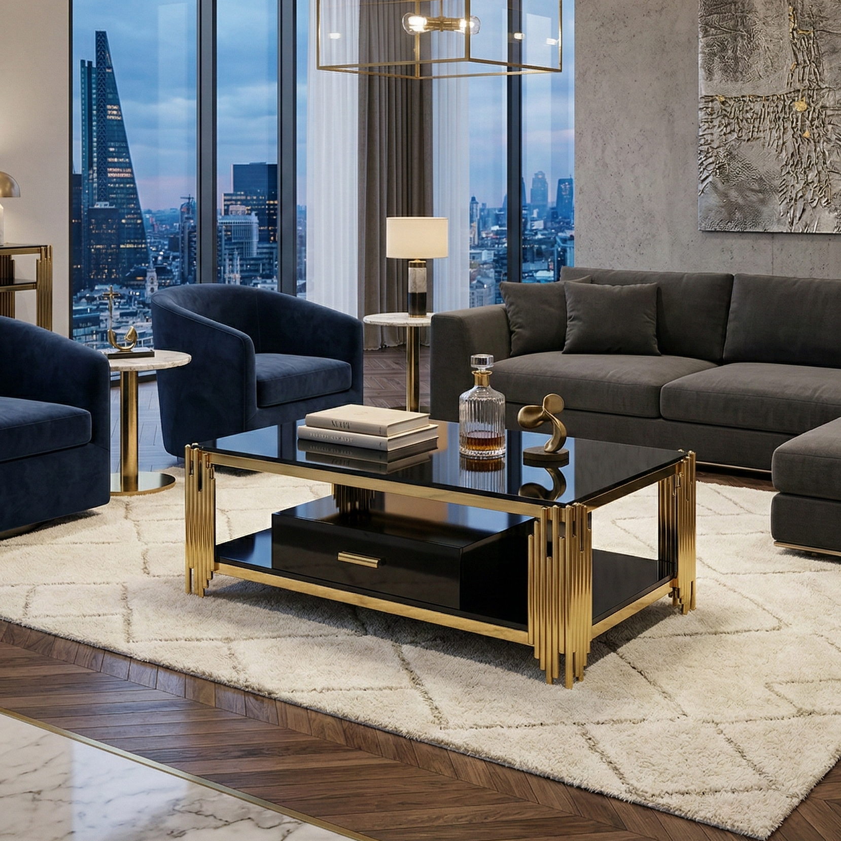 Modern living room with gray sectional sofa, dark blue armchairs, and a gold coffee table.