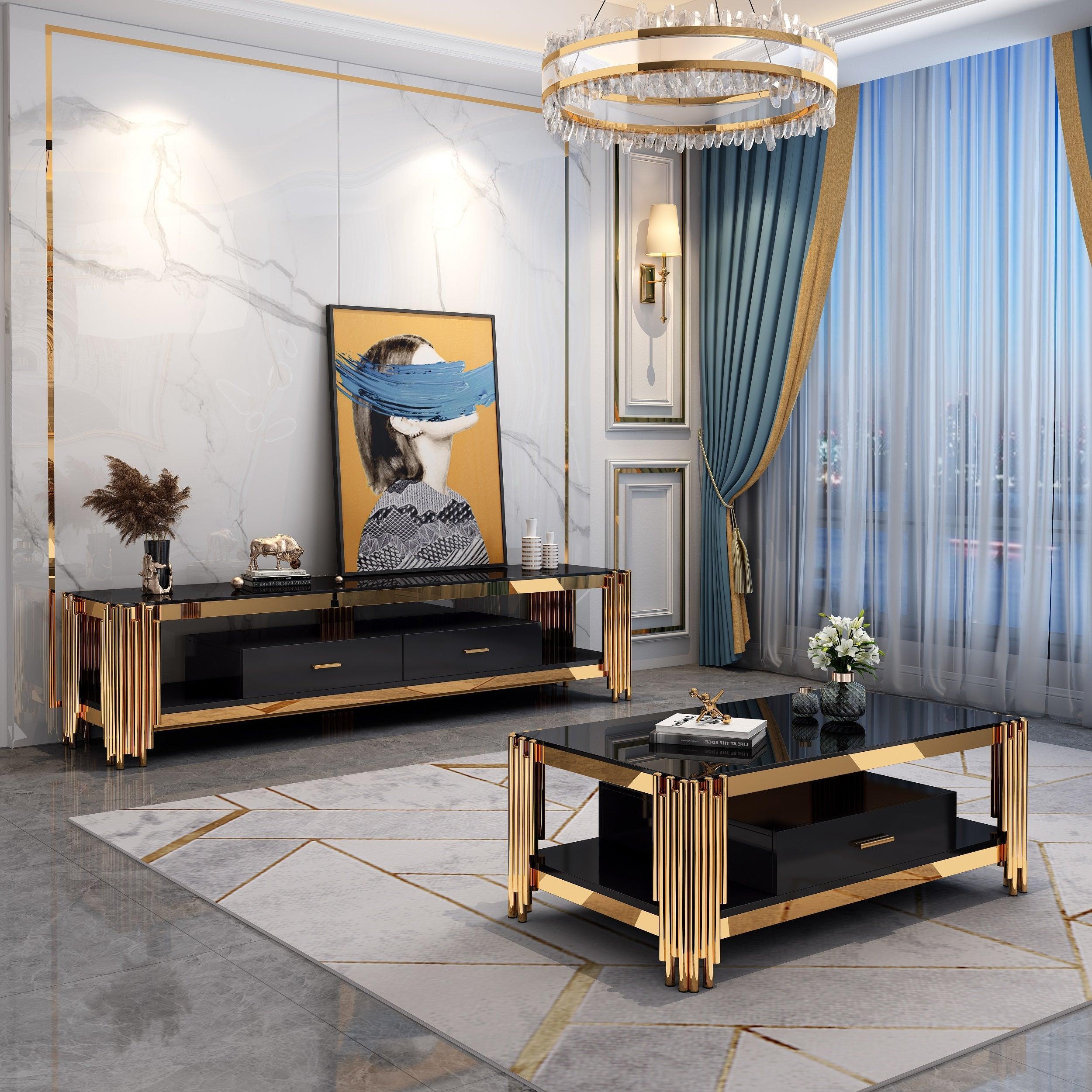 Dynamite TV Unit by The A2Z Furniture. Modern black and gold design with two storage drawers and black tempered glass top
