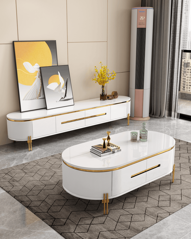Modern White Glass Coffee Table with Gold Accents - Dynasty Elegance