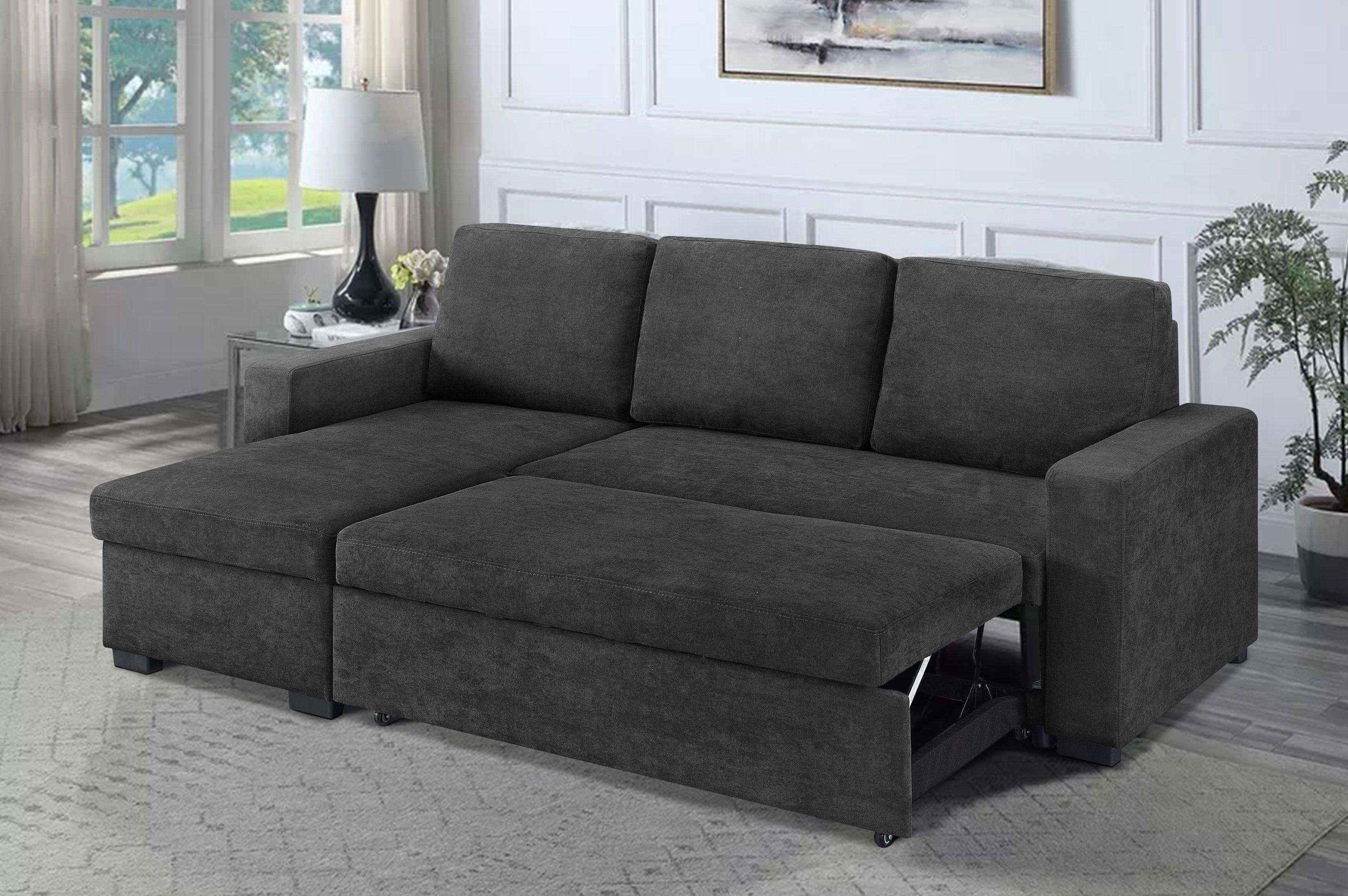 Dark grey fabric corner sofa bed with storage in modern living room