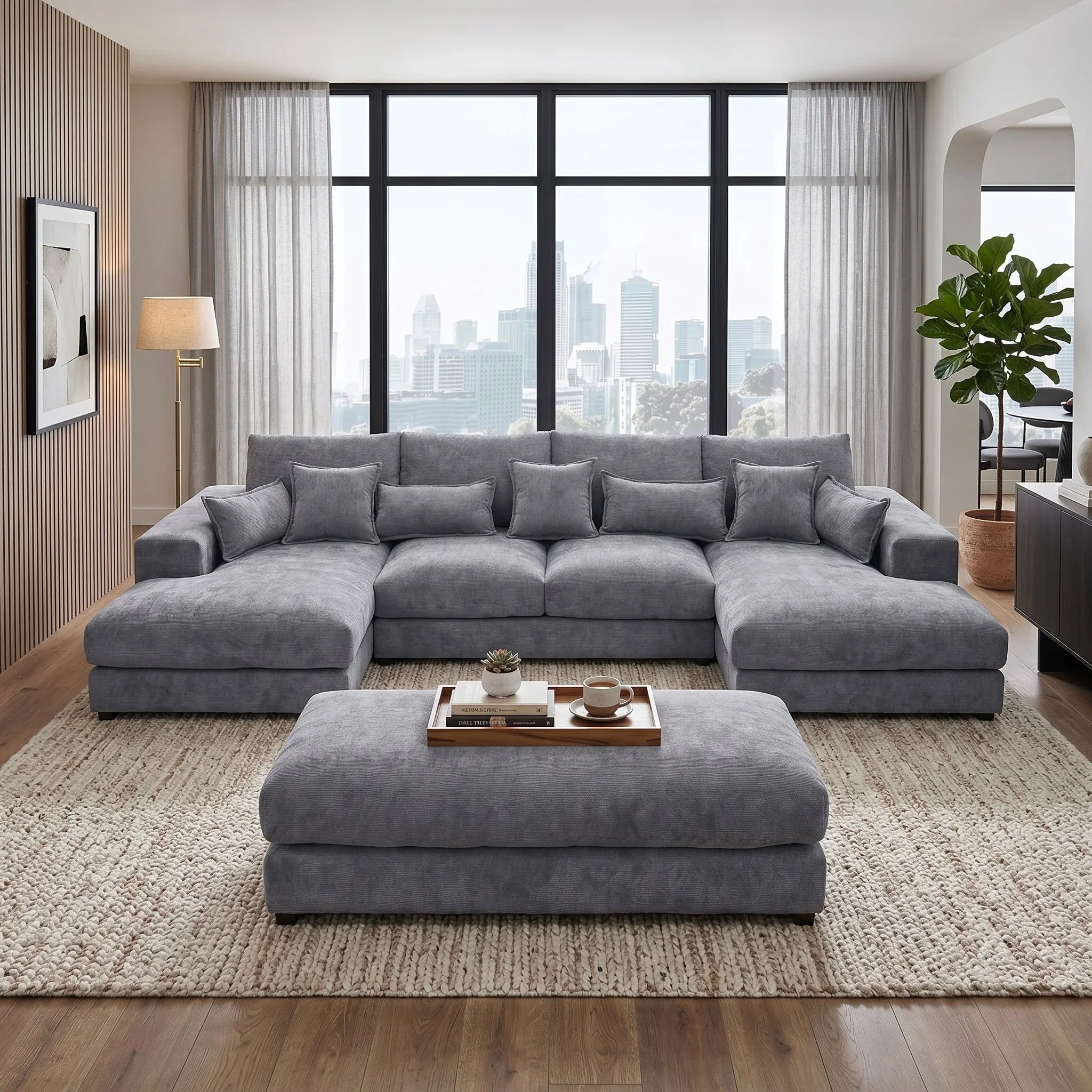 Gray sectional sofa in a living room with large windows and cityscape view.