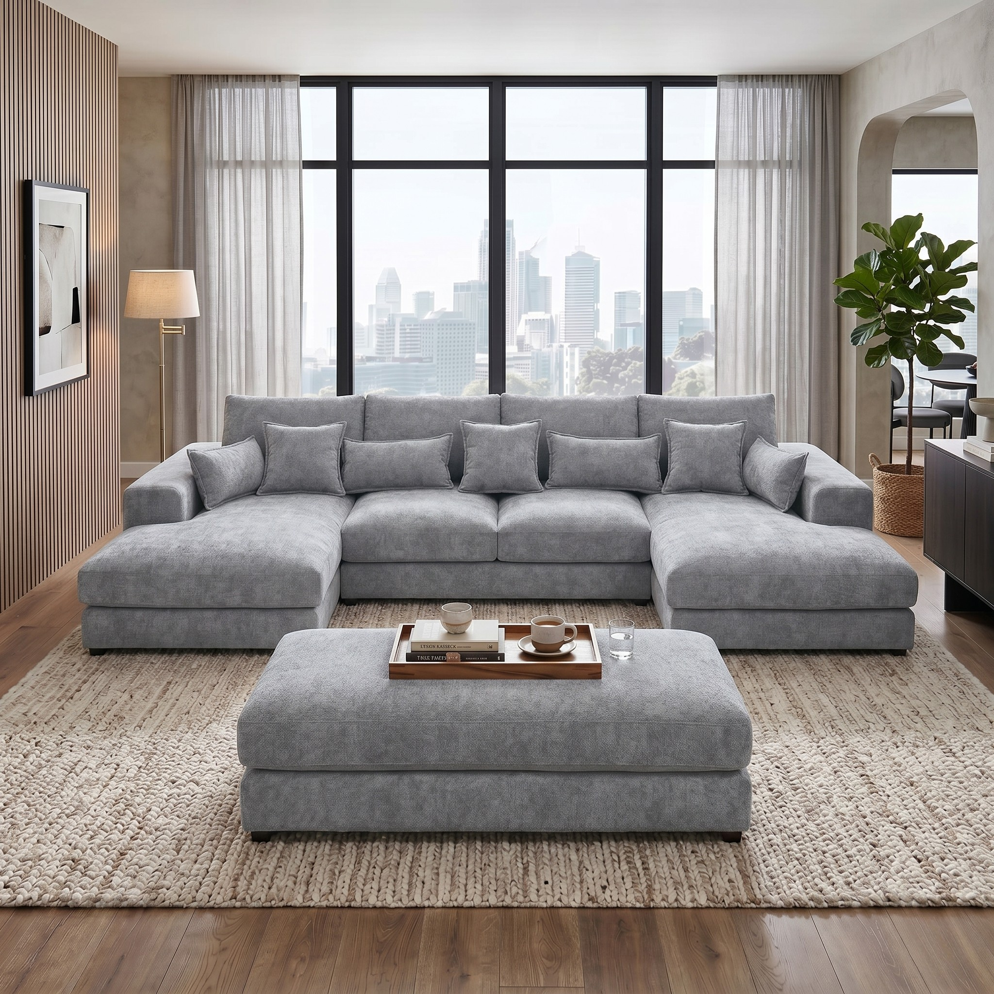 Light Gray sectional sofa in a modern living room with large windows and cityscape view.