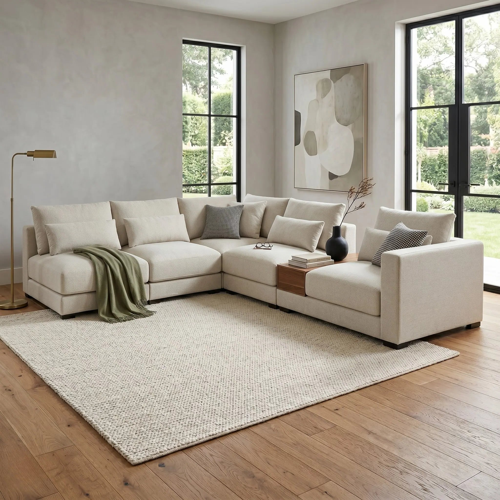 Beige sectional sofa in a modern living room with large windows and a rug.