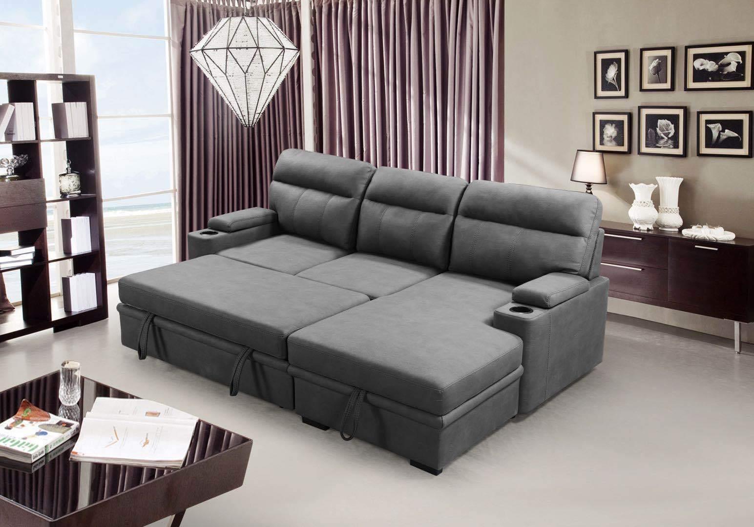 Elvis Three Seater Pullout Sofa Bed Couch with Cupholders and Storage - The A2Z Furniture