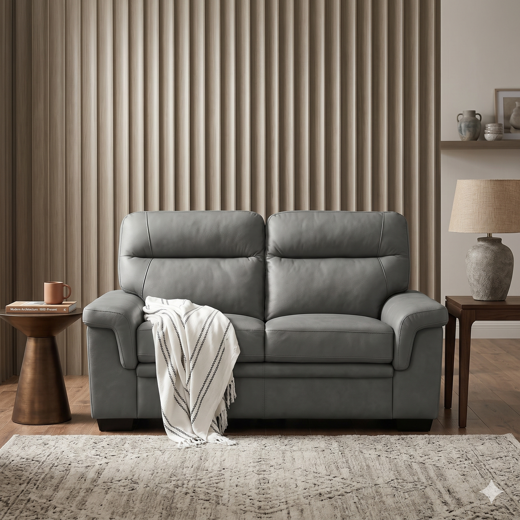 Gray sofa in a living room setting with a lamp, table, and curtains.