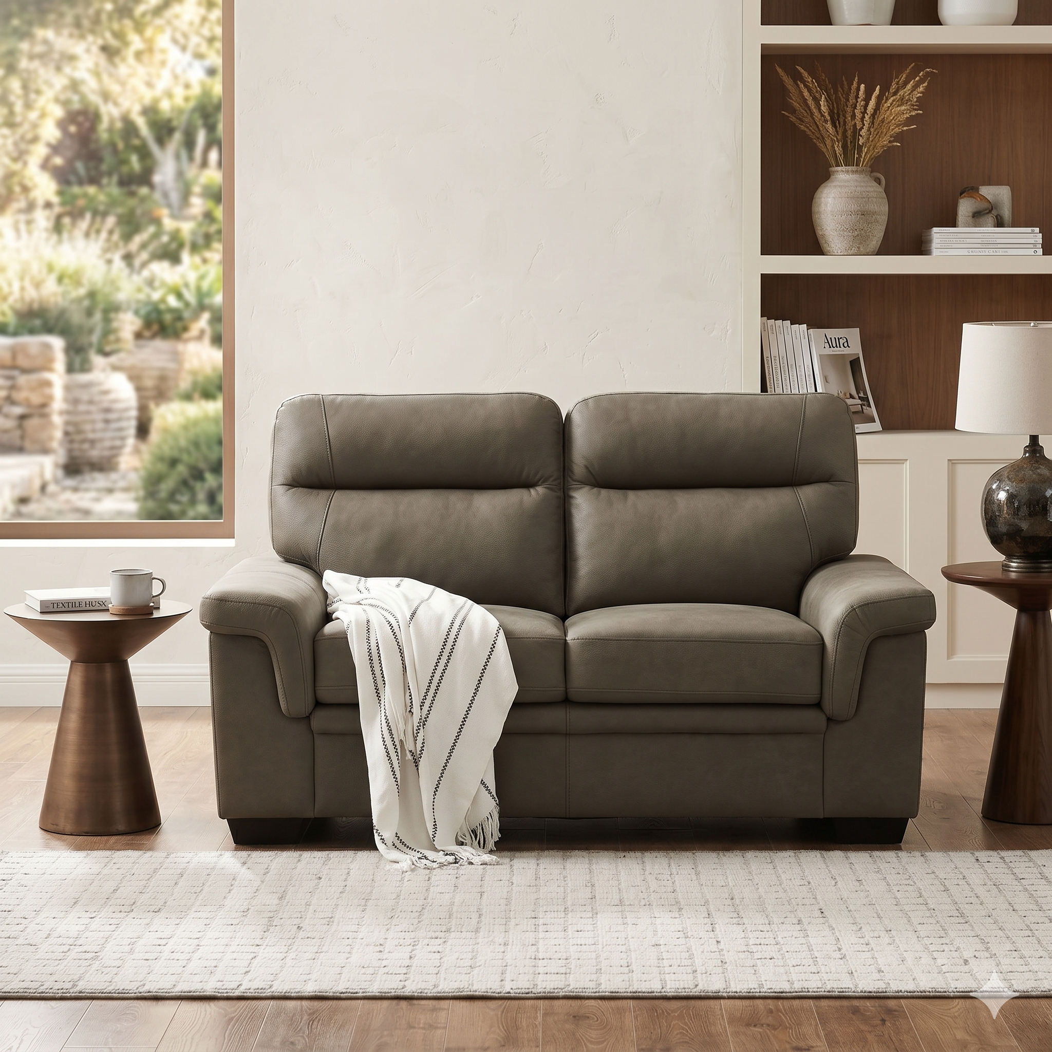 Mushroom fabric sofa in a living room setting with decor elements.