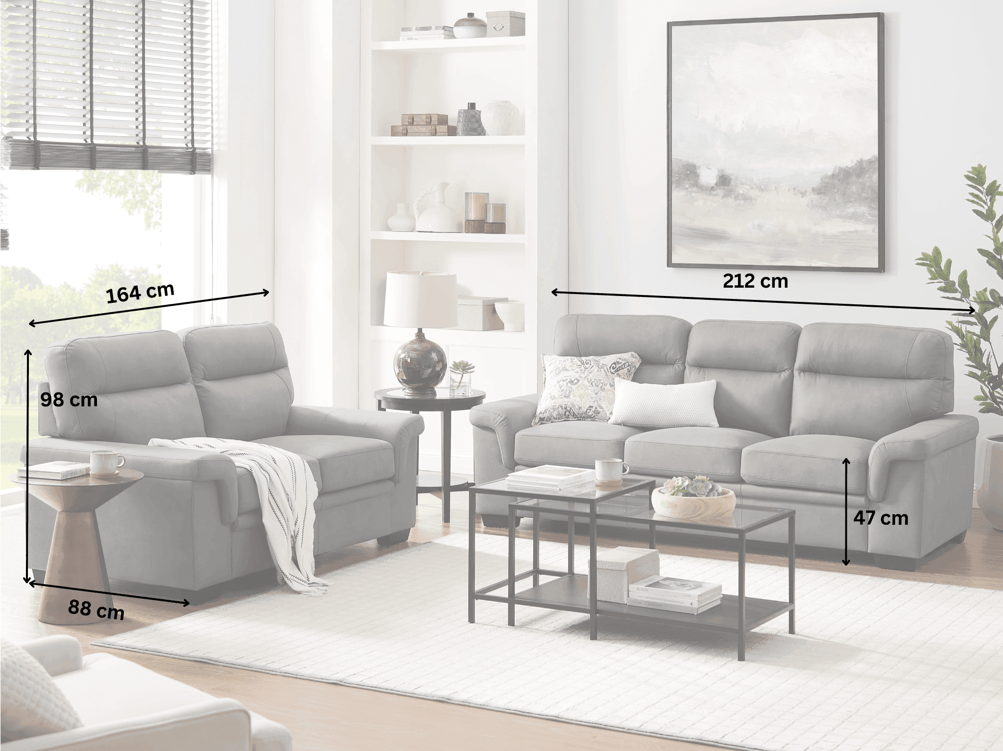 Grey lounge sofas with measurements, modern living room furniture, two and three seater sizes shown