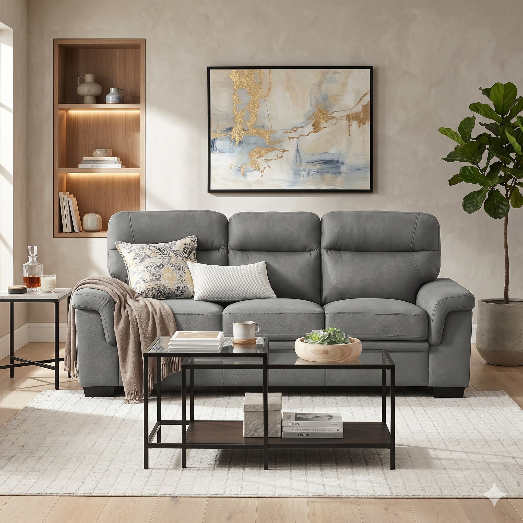Gray sofa in a living room with a coffee table, books, and decorative items.