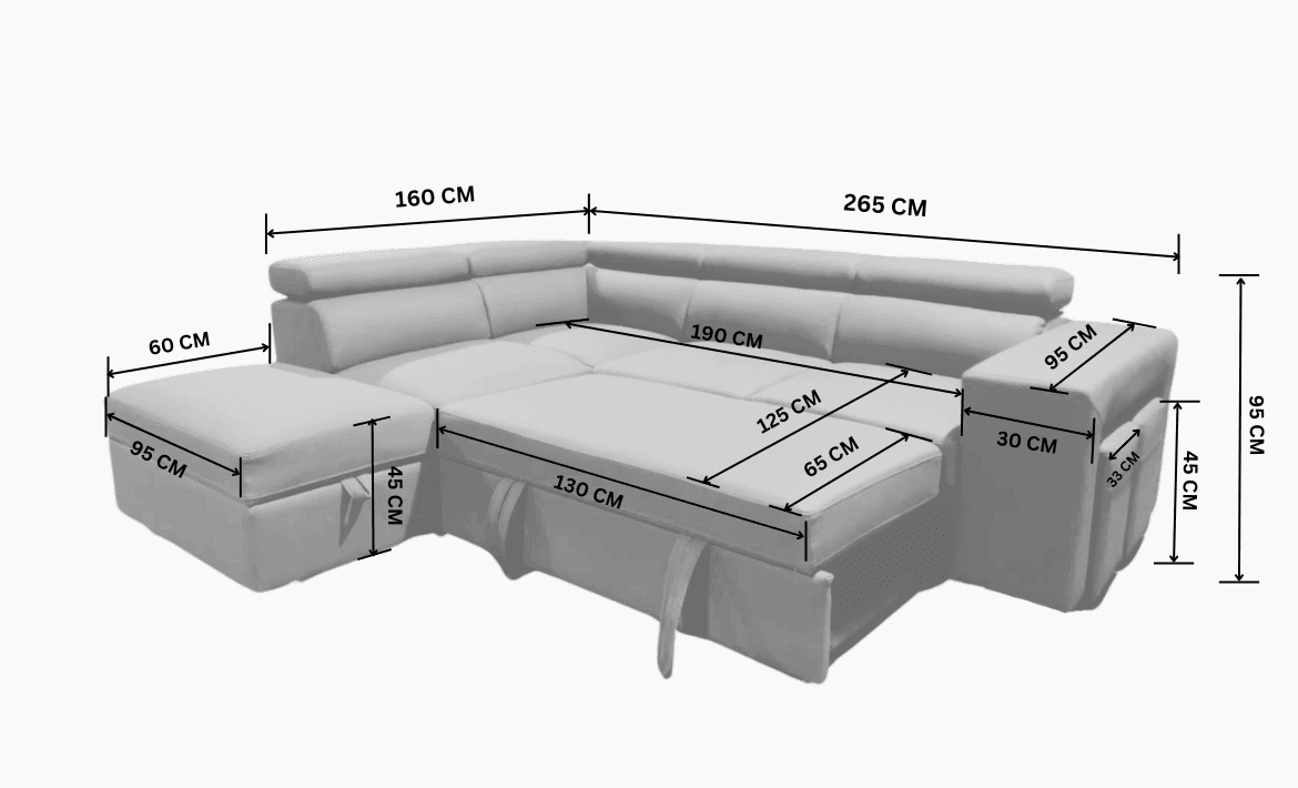 Grey L-shaped sectional sofa bed with storage, labeled dimensions in centimeters