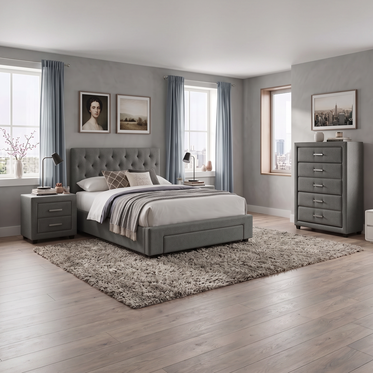 Fabulous 4 Piece Bedroom Suite - grey upholstered storage bed with tufted headboard, matching grey fabric bedside table and five-drawer tallboy in a bright bedroom - The A2Z Furniture