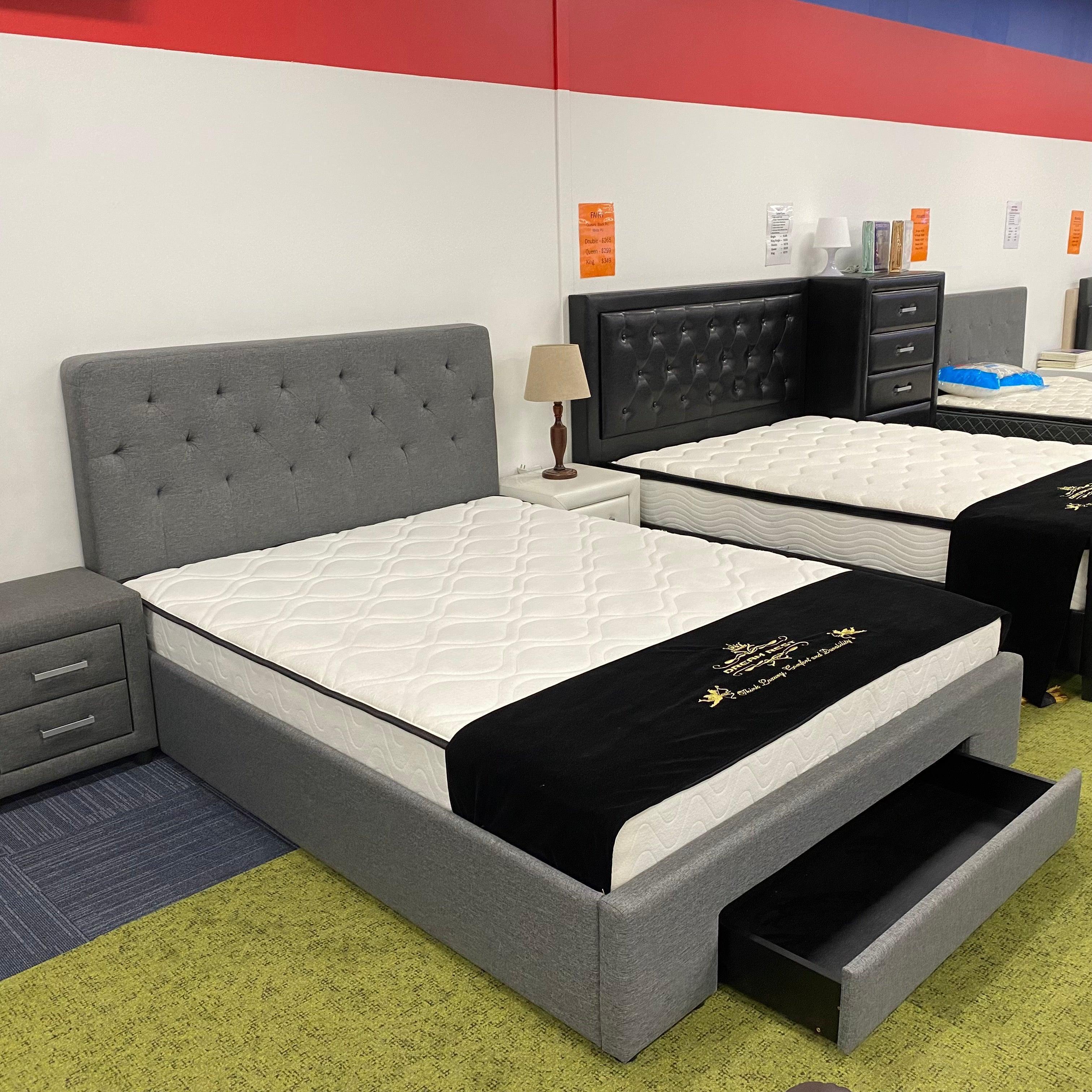 Fabulous Bedroom Suite - Modern Grey Upholstered Bed with Storage Drawer and Wooden Slat Base