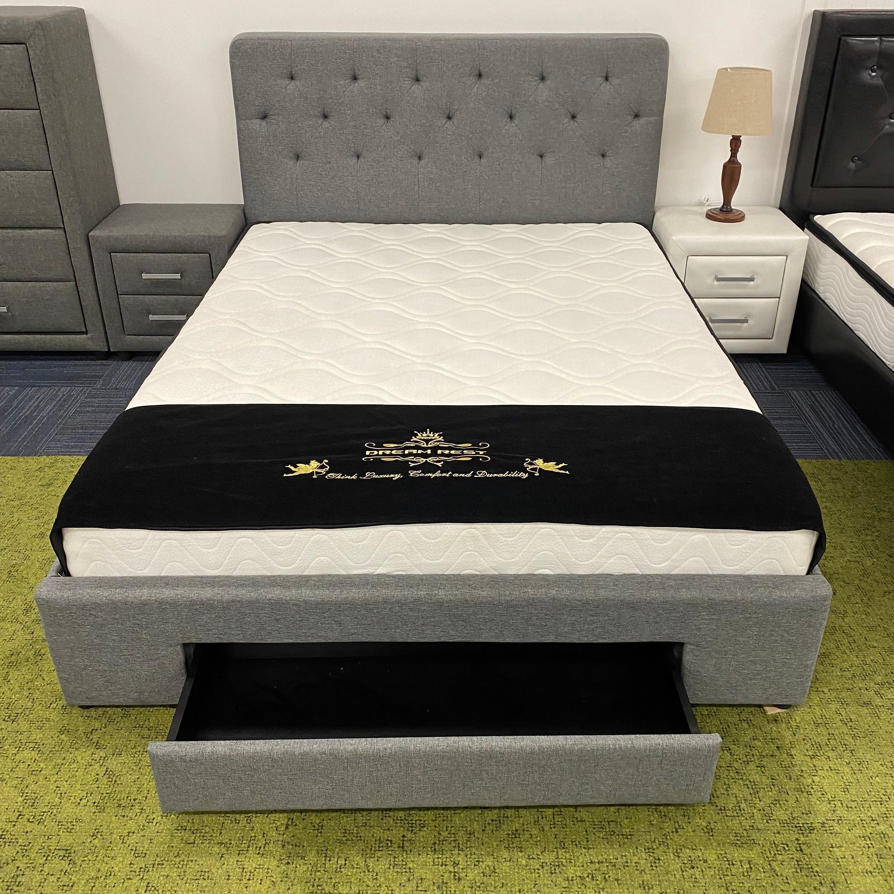 Fabulous Bedroom Suite - Modern Grey Upholstered Bed with Storage Drawer and Wooden Slat Base