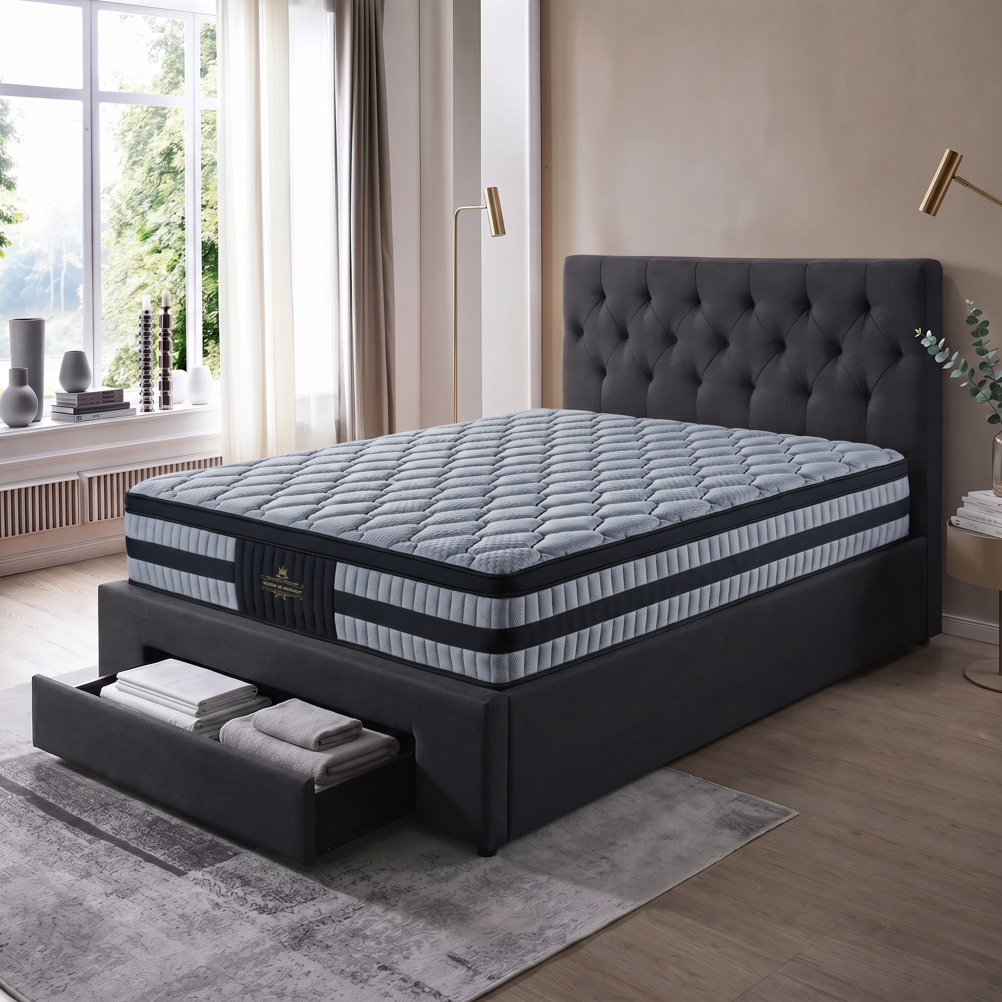 Fabulous upholstered storage bed frame in Black Grey fabric with a Cradle Rest 5 Zone pocket spring mattress on top and the foot-end storage drawer open