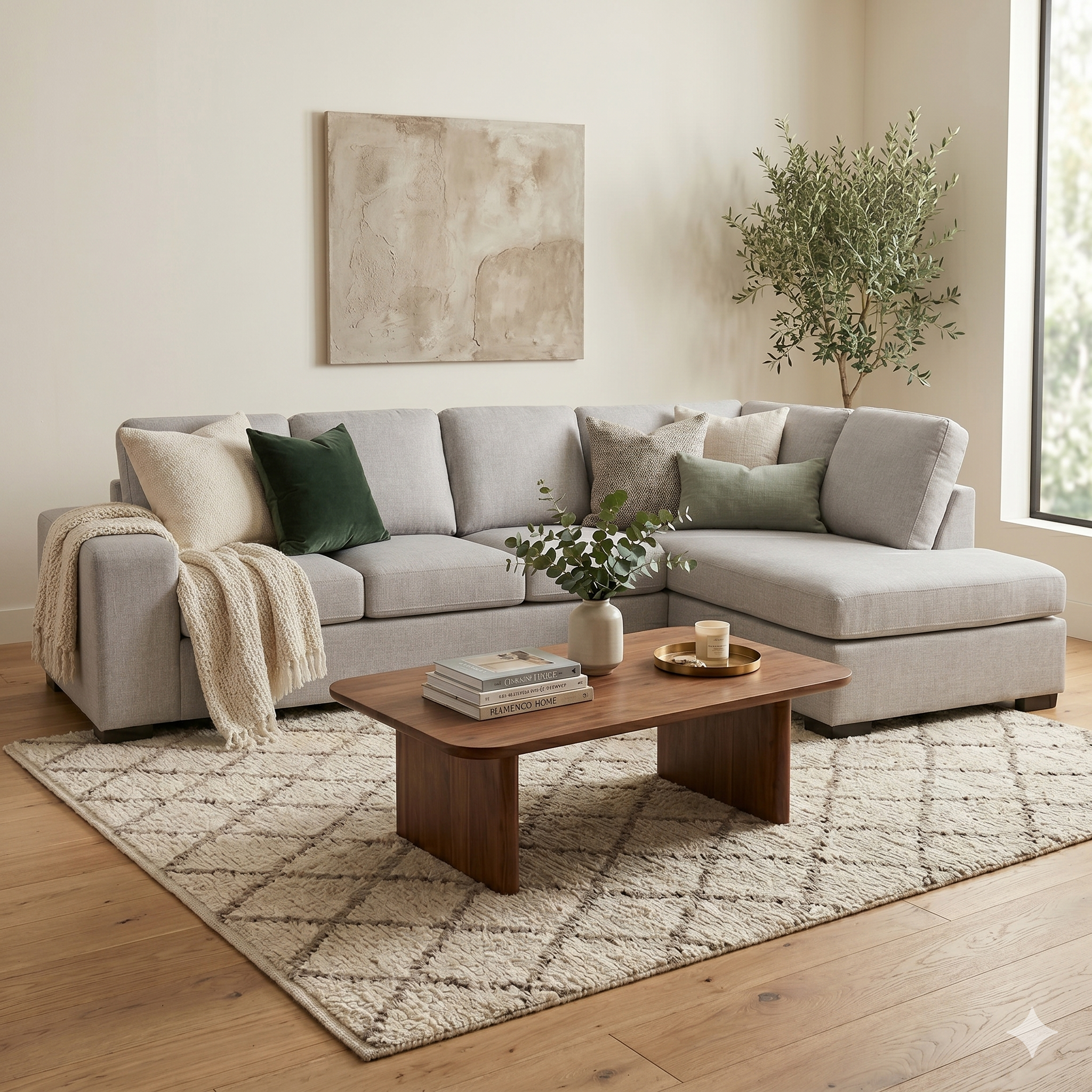 Living room with a gray sectional sofa, wooden coffee table, and decorative items.