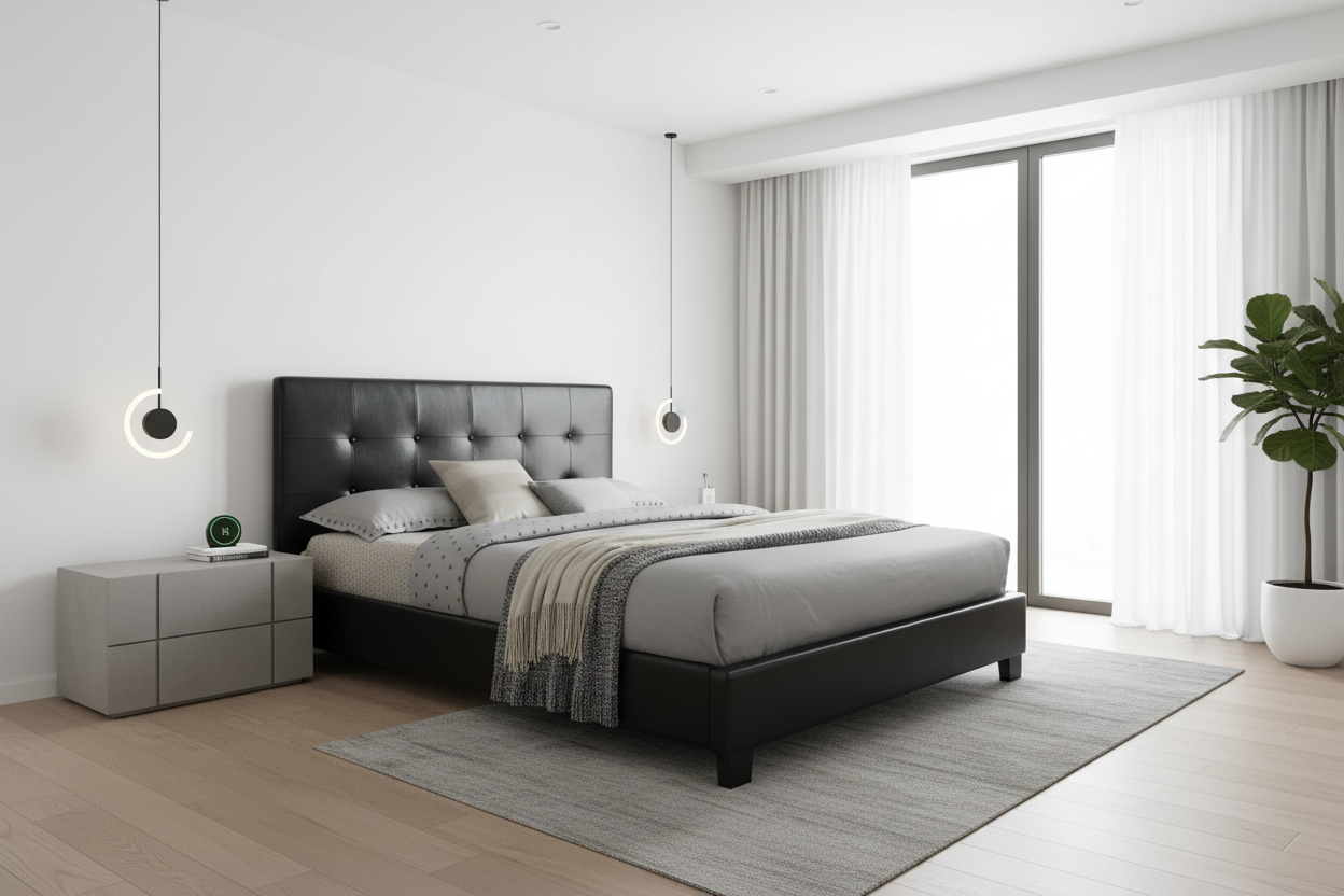 Modern bedroom with a black bed, gray bedding, and light wood flooring.