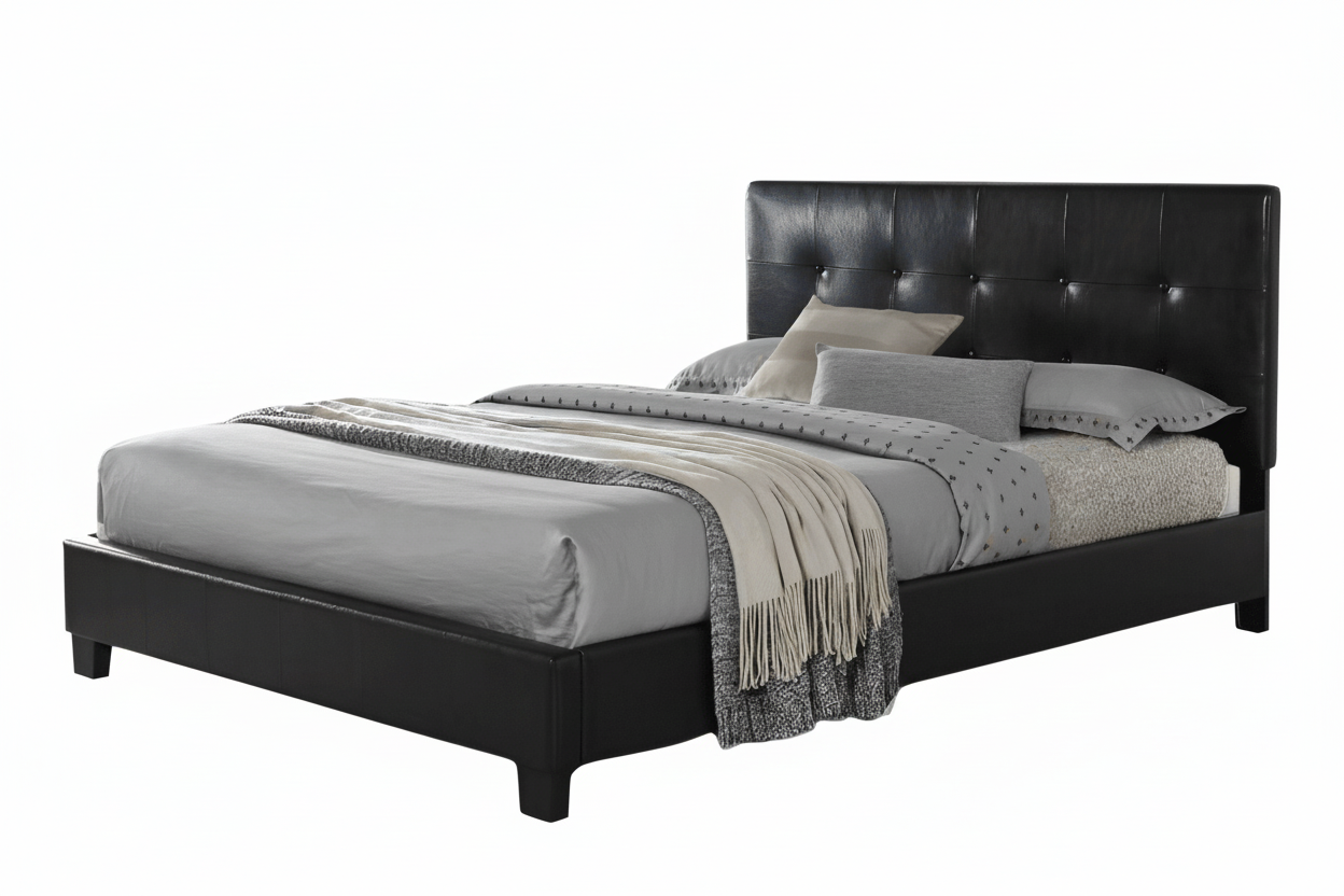 Bed with black PU upholstered headboard and grey bedding on a white background