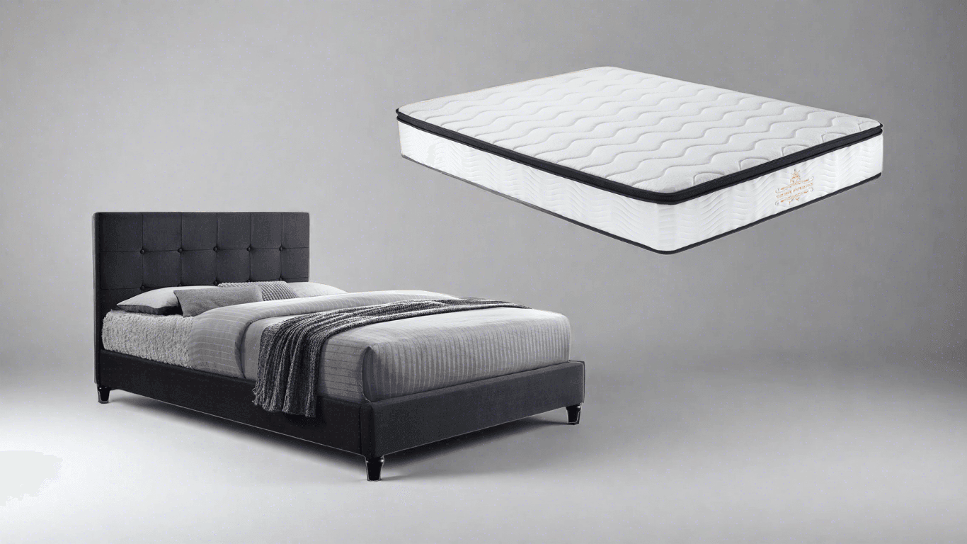 A modern bedroom featuring a Franco bed frame in Black Grey with a rolled and vacuum-packed Spine Care mattress leaning against it. The mattress is a 5-zone pocket spring design for superior comfort and support.