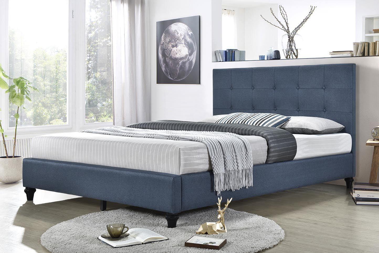 A modern bedroom featuring a Franco bed frame in Ocean Blue colour.