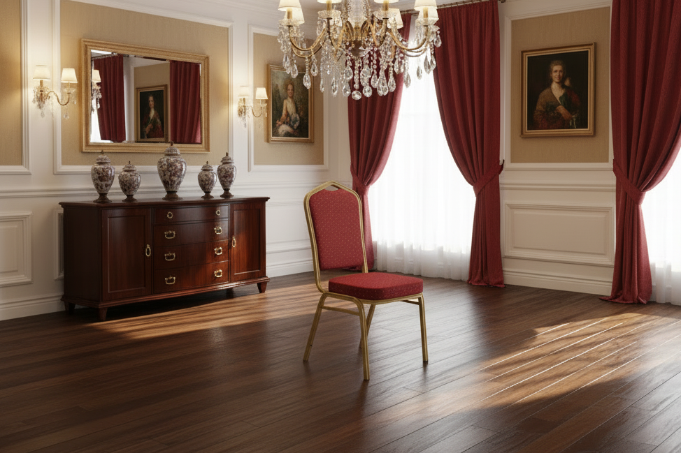 Elegant room with red curtains, a wooden sideboard, and a chair.