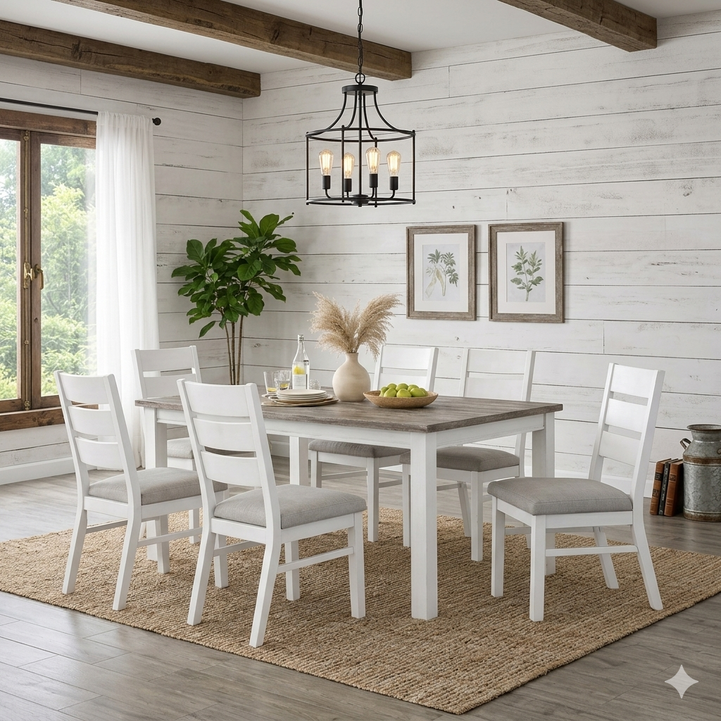 A brightly lit modern farmhouse dining room features a rustic grey-brown wood plank table with white legs, surrounded by six matching white wood chairs with light grey upholstered seats. The dining set is centered on a large textured jute rug. The background showcases horizontal white shiplap walls and exposed dark wood ceiling beams. A multi-light black metal cage chandelier hangs above the table. On the table sits a centerpiece of dried pampas grass in a white vase and a wooden bowl with green apples. Beh