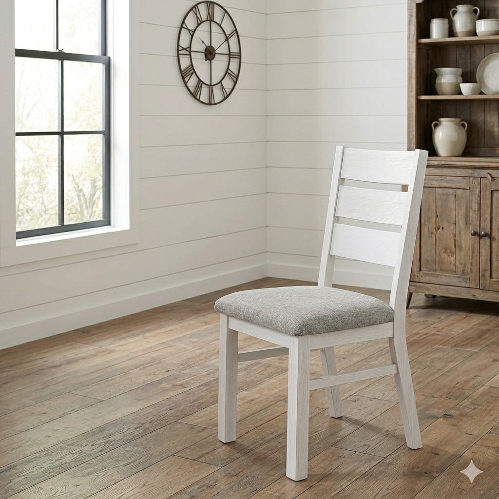A single white wooden chair with a grey upholstered seat stands on a wood floor. It has a high back with horizontal slats. The background is a white shiplap wall. There is a large clock on the wall and a window on the left. A rustic wooden hutch is to the right.