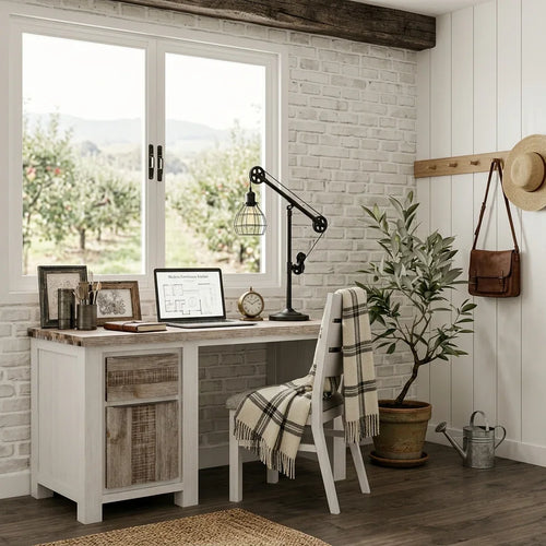 Home office with a desk, chair, and decor elements.