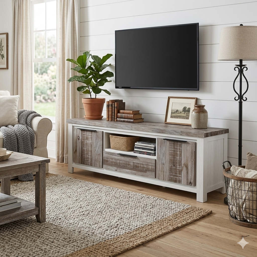A cozy modern farmhouse living room features a flat-screen TV mounted on a white shiplap wall above a rustic white and grey wood media console. The console, decorated with a potted Fiddle Leaf Fig plant, stacked books, and a framed print, sits on a textured jute area rug and light wood floor. A grey sofa with a chunky knit throw and a rustic wooden coffee table are to the left, while an ornate black metal floor lamp and a wire basket with textiles are to the right. A window with sheer curtains provides natu
