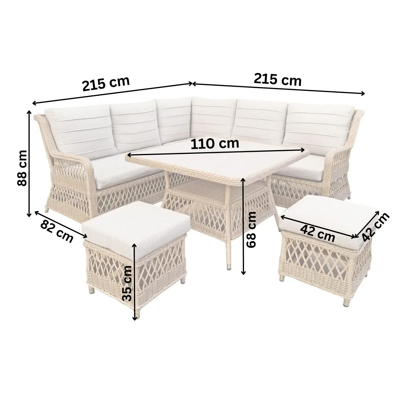 Wicker outdoor furniture set with dimensions labeled on a white background