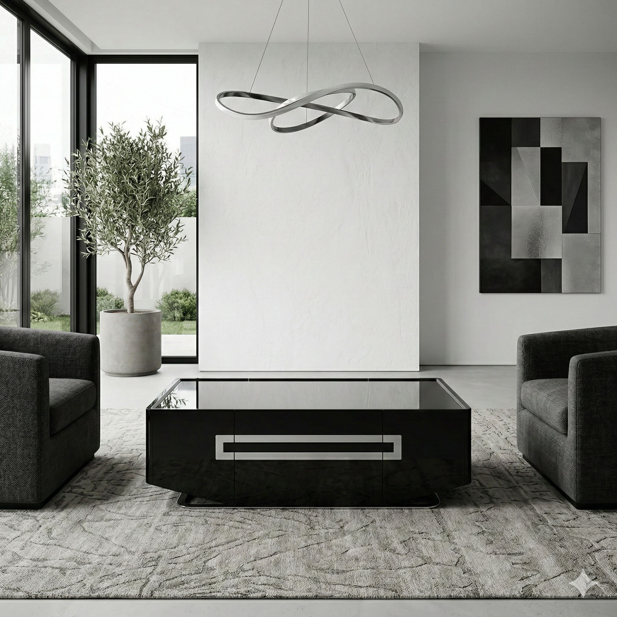 Modern living room with a black coffee table, gray armchairs, and abstract art on the wall.