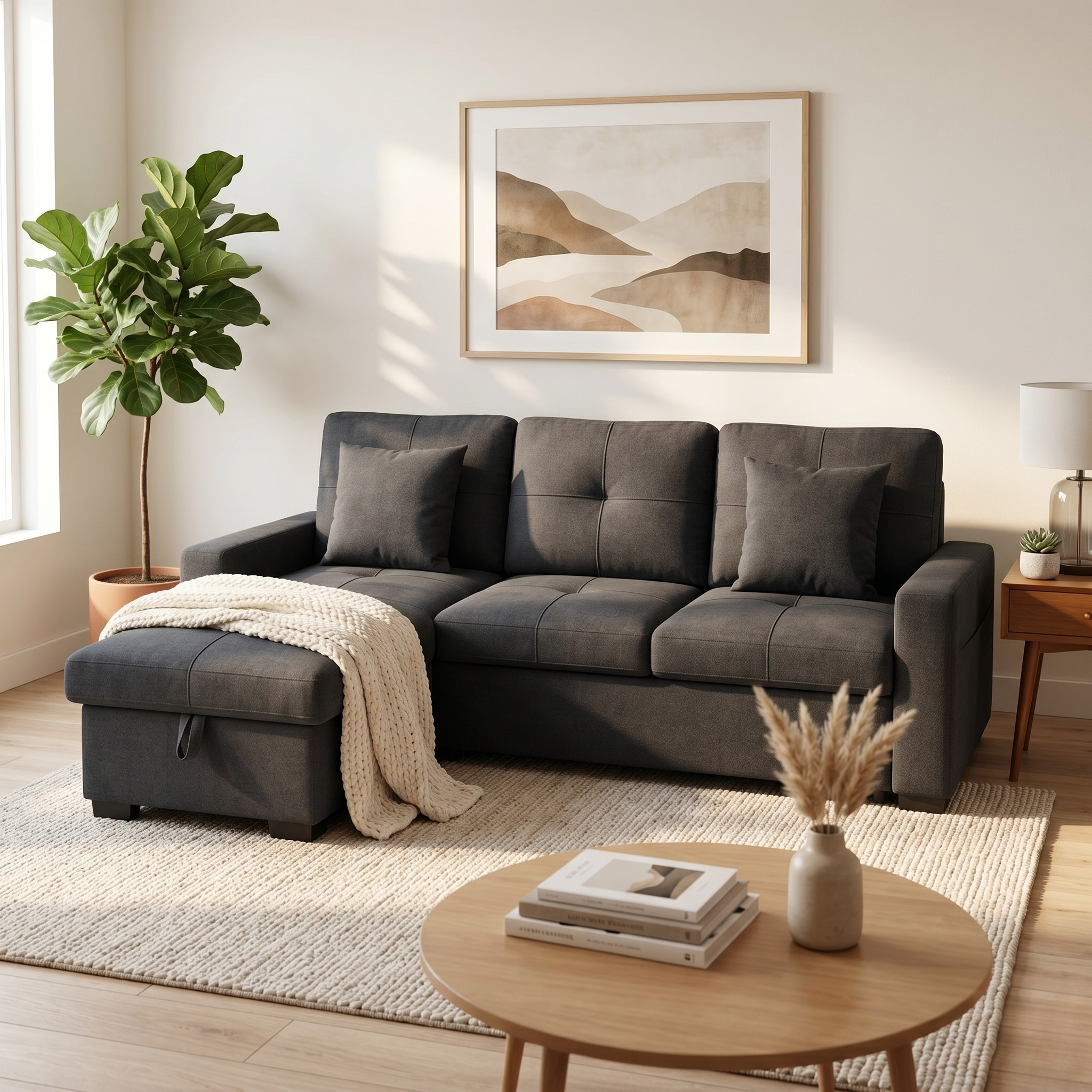 Black sofa bed in a living room with a wooden coffee table, plant, and wall art.