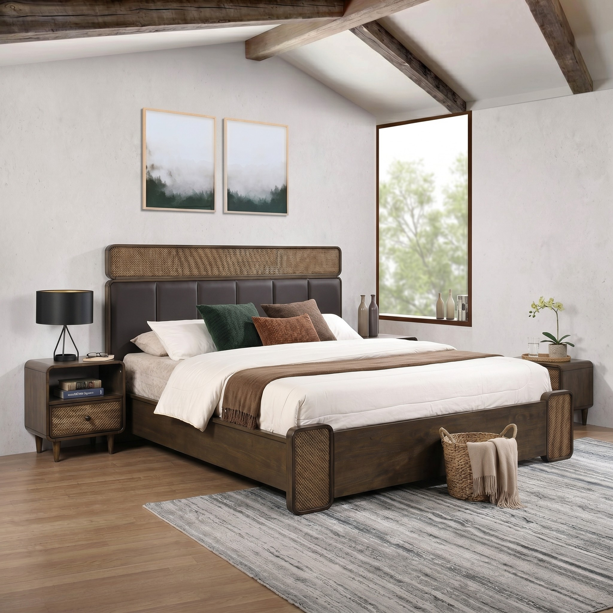 Modern bedroom with wooden bed, nightstands, and decor