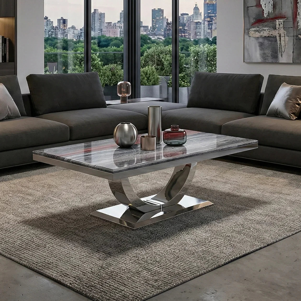 Modern living room with a sectional sofa, grey marble coffee table, and cityscape view.