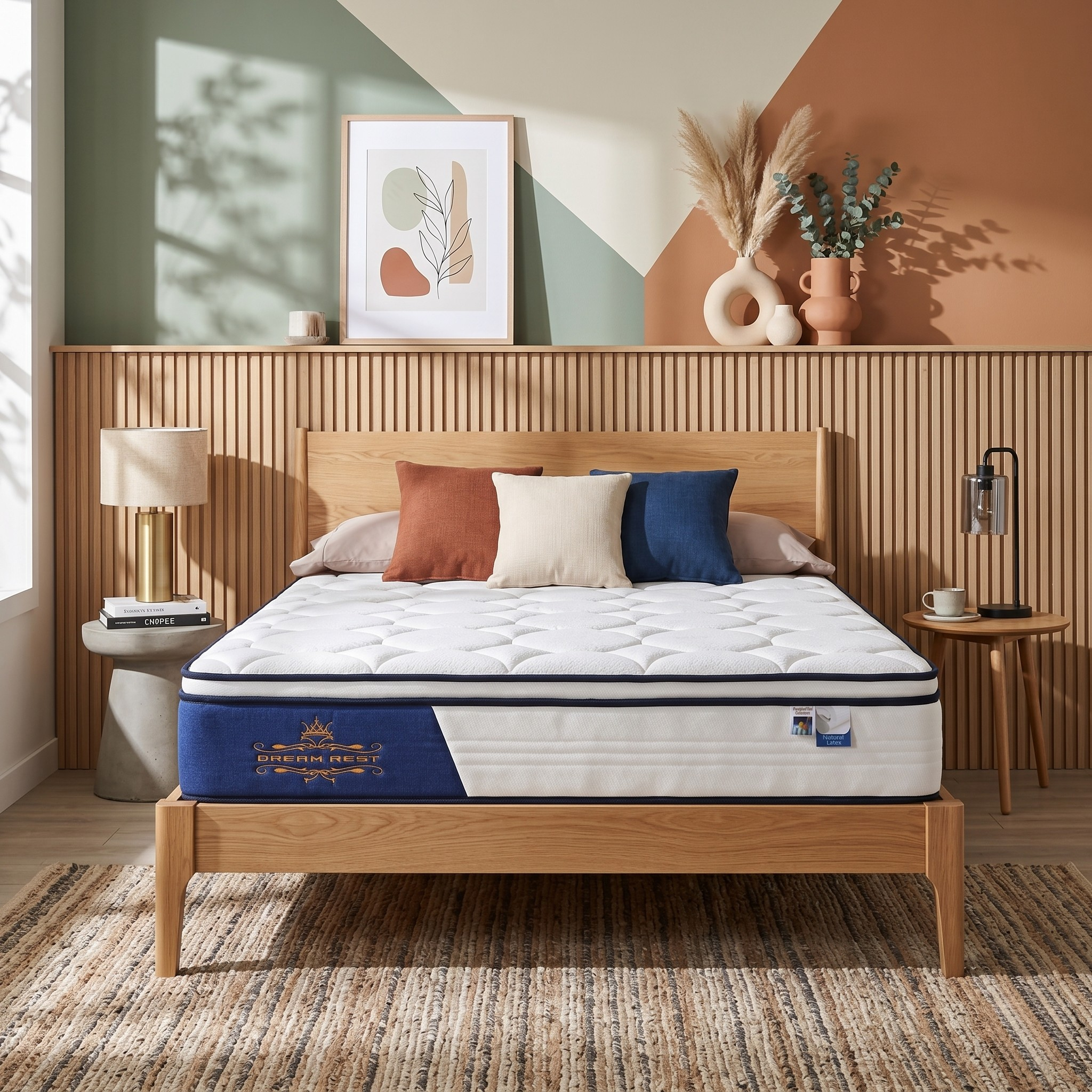 Mattress on a wooden bed frame in a bedroom setting with decor elements.