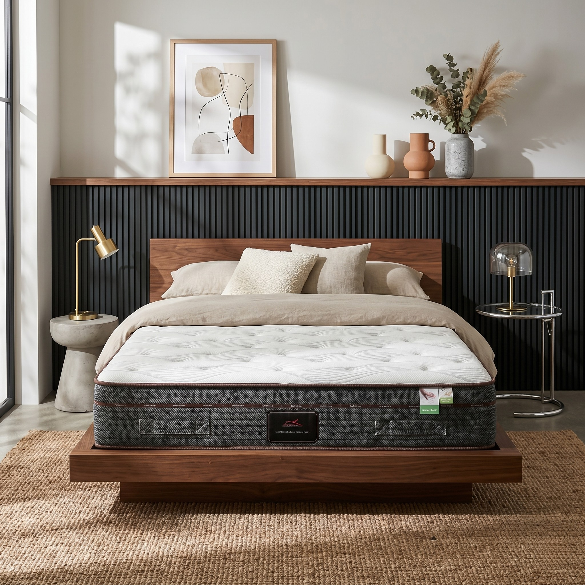 Mattress on a wooden bed frame in a bedroom setting with decor elements.
