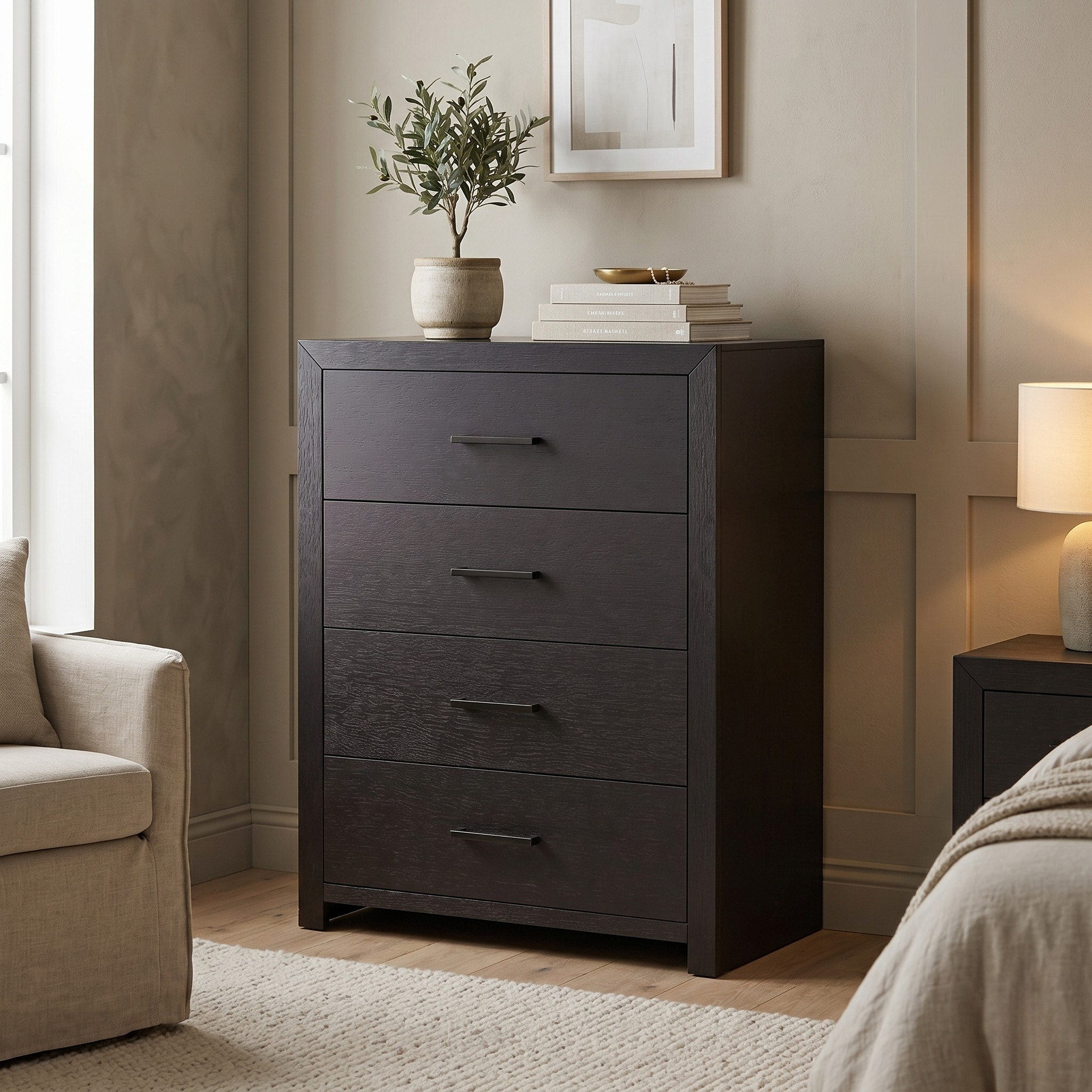 Black tallboy in a bedroom setting.