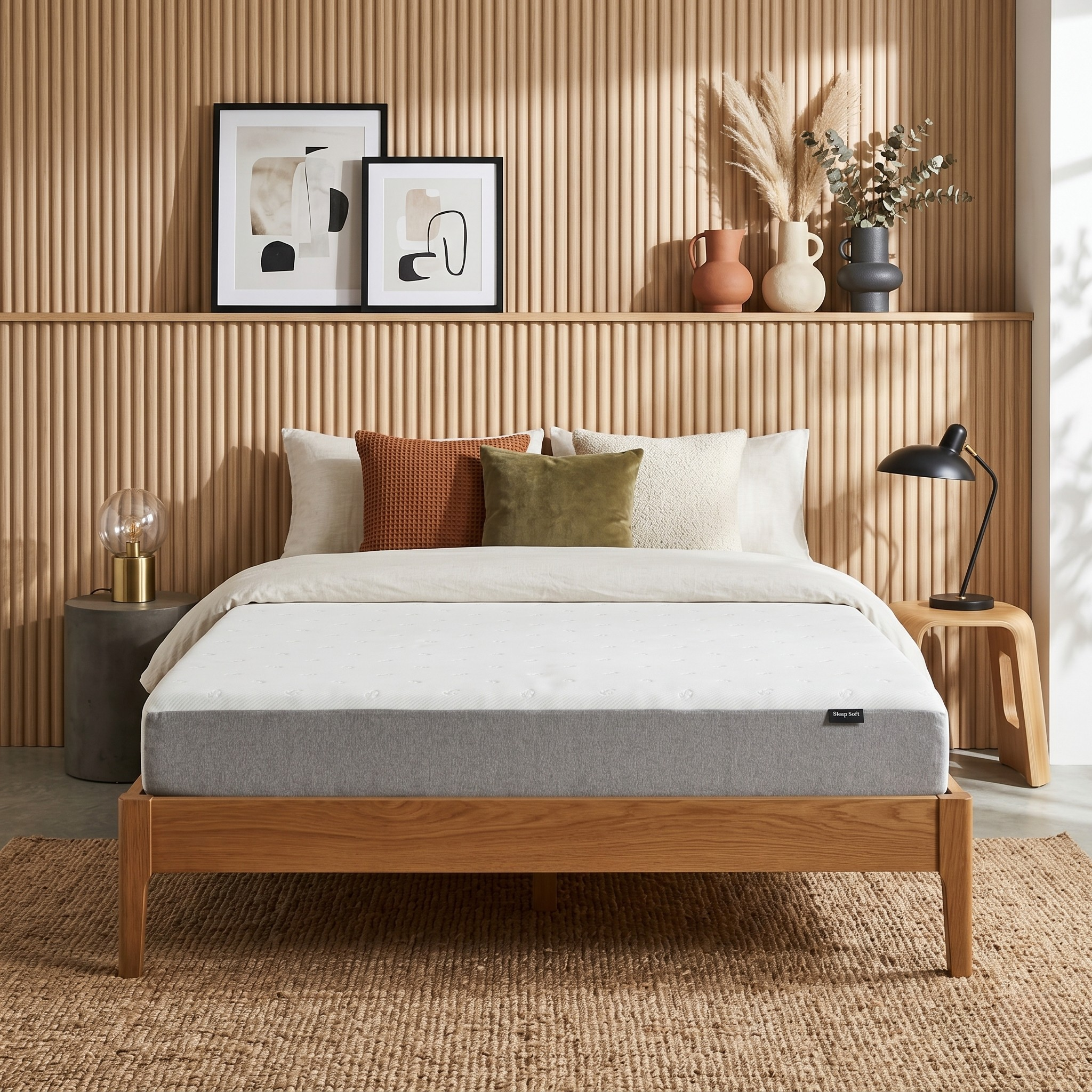 Bedroom with a wooden bed frame, white mattress, and decorative pillows against a wooden wall.