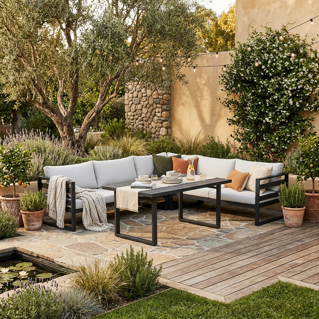 Outdoor patio with a sectional sofa, table, and decorative items in a garden setting.
