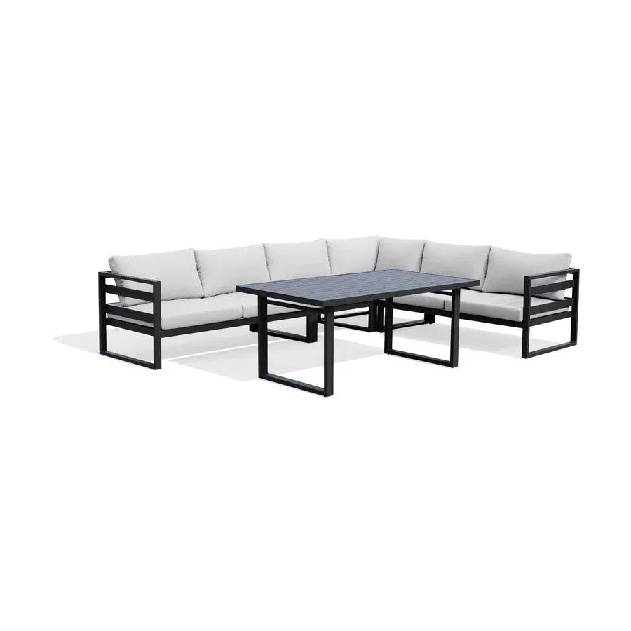 Outdoor furniture set with black frames and white cushions on a white background